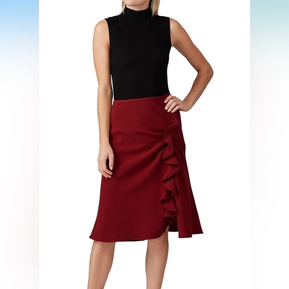 PRABAL GURUNG | Collective ruffle slitted midi skirt Dark Red | Sz 6 - Picture 1 of 8